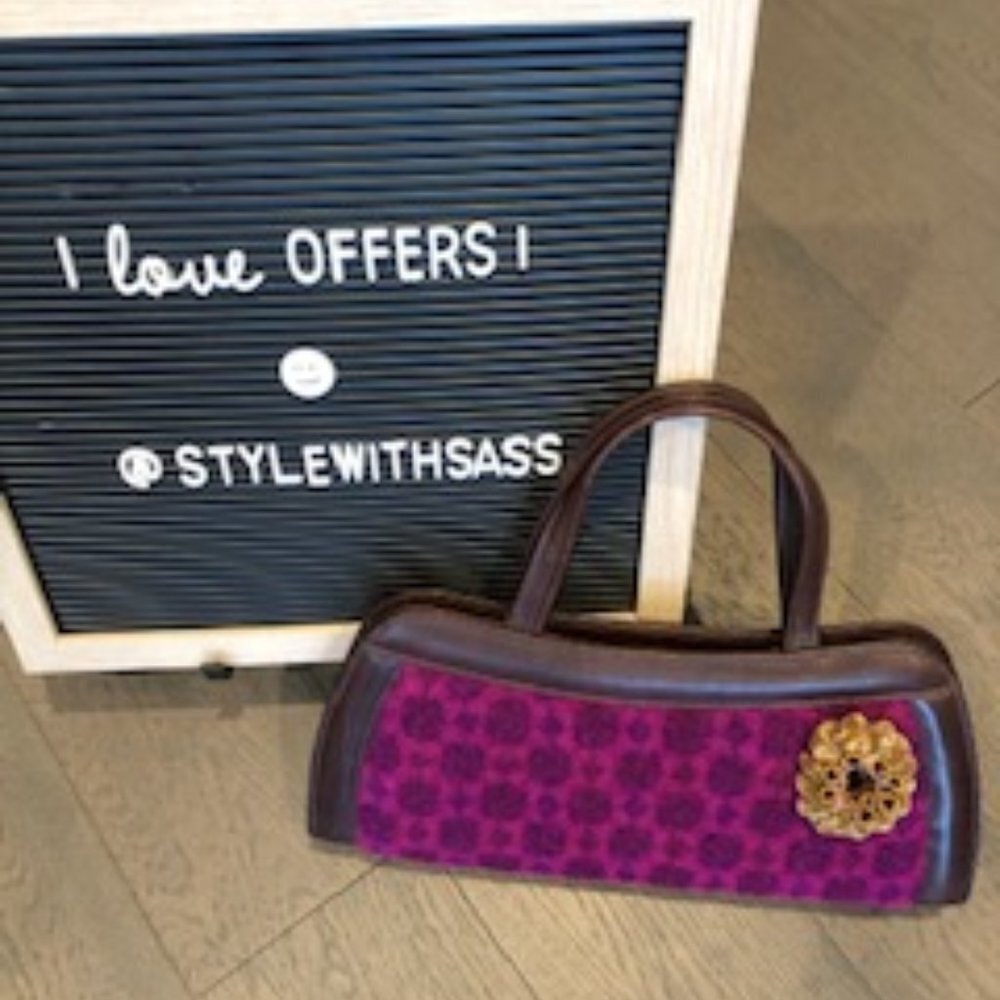 Custom Made Turkish Floral Felt + Leather Handbag Purple & Brown Size OS